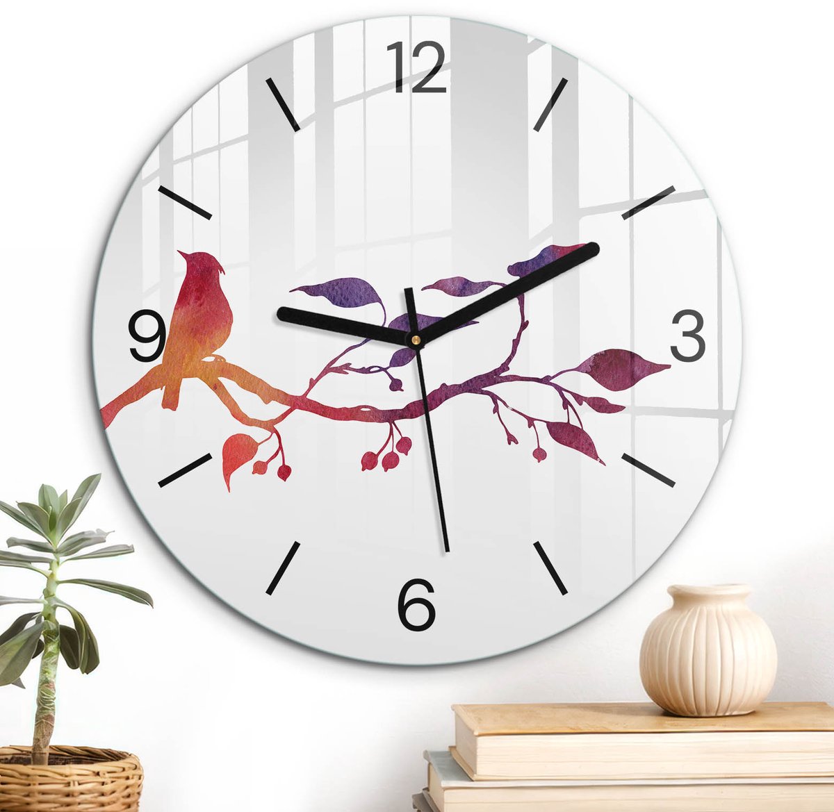 ArtPrintCave Wit Glazen Klok - Wandklok 30 cm - Muurklok Rond - Aquarel Vogel Wandklok Keuken - Natuur Unieke Klok - Zwarte Klokwijzers