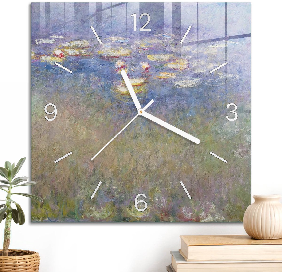 ArtPrintCave Paars Glazen Klok - 30x30 cm - Wandklok Vierkant - Waterlelies Unieke Klok - Natuur Stille Wandklok - Witte Klokwijzers