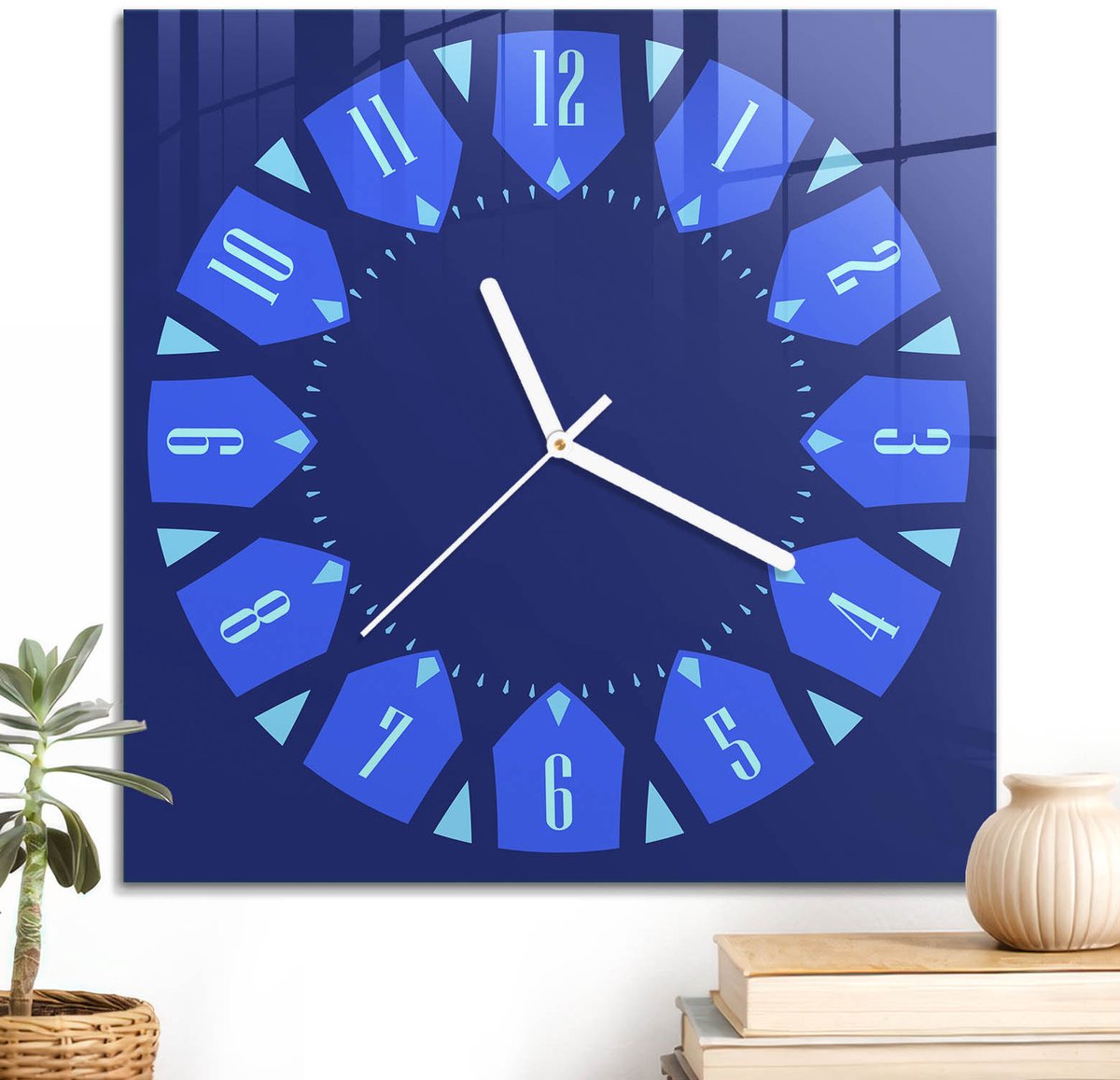 ArtPrintCave Blauw Glazen Klok - 30x30 cm - Wandklok Vierkant - Moderne Klok Stille Wandklok - Abstractie Wandklok Keuken - Witte Klokwijzers