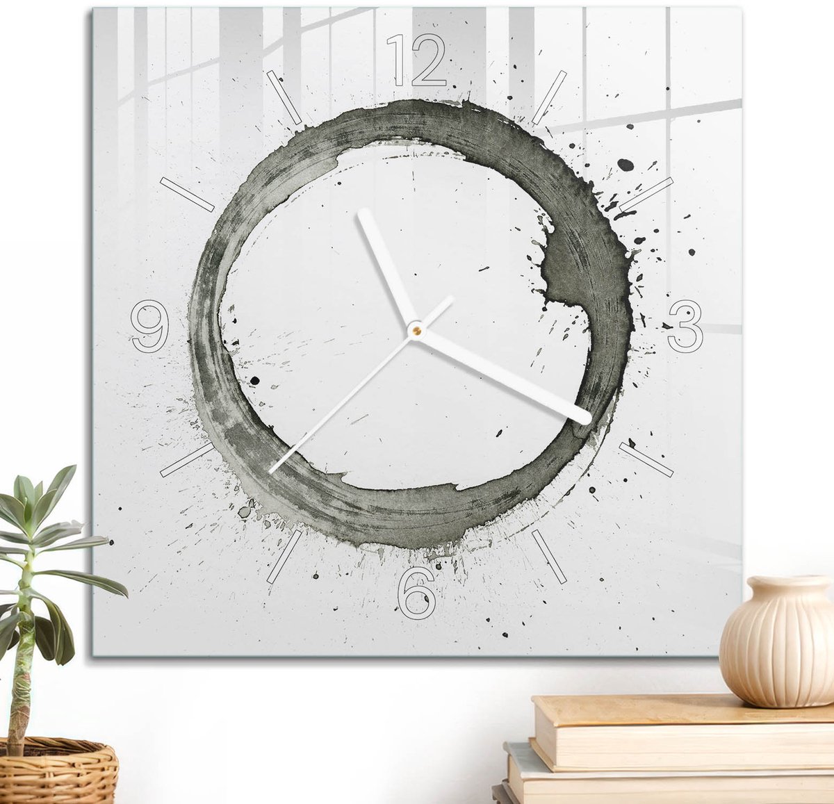 ArtPrintCave Grijs Glazen Klok - 30x30 cm - Wandklok Vierkant - Inktwiel Stille Wandklok - Kunst Wandklok Keuken - Witte Klokwijzers