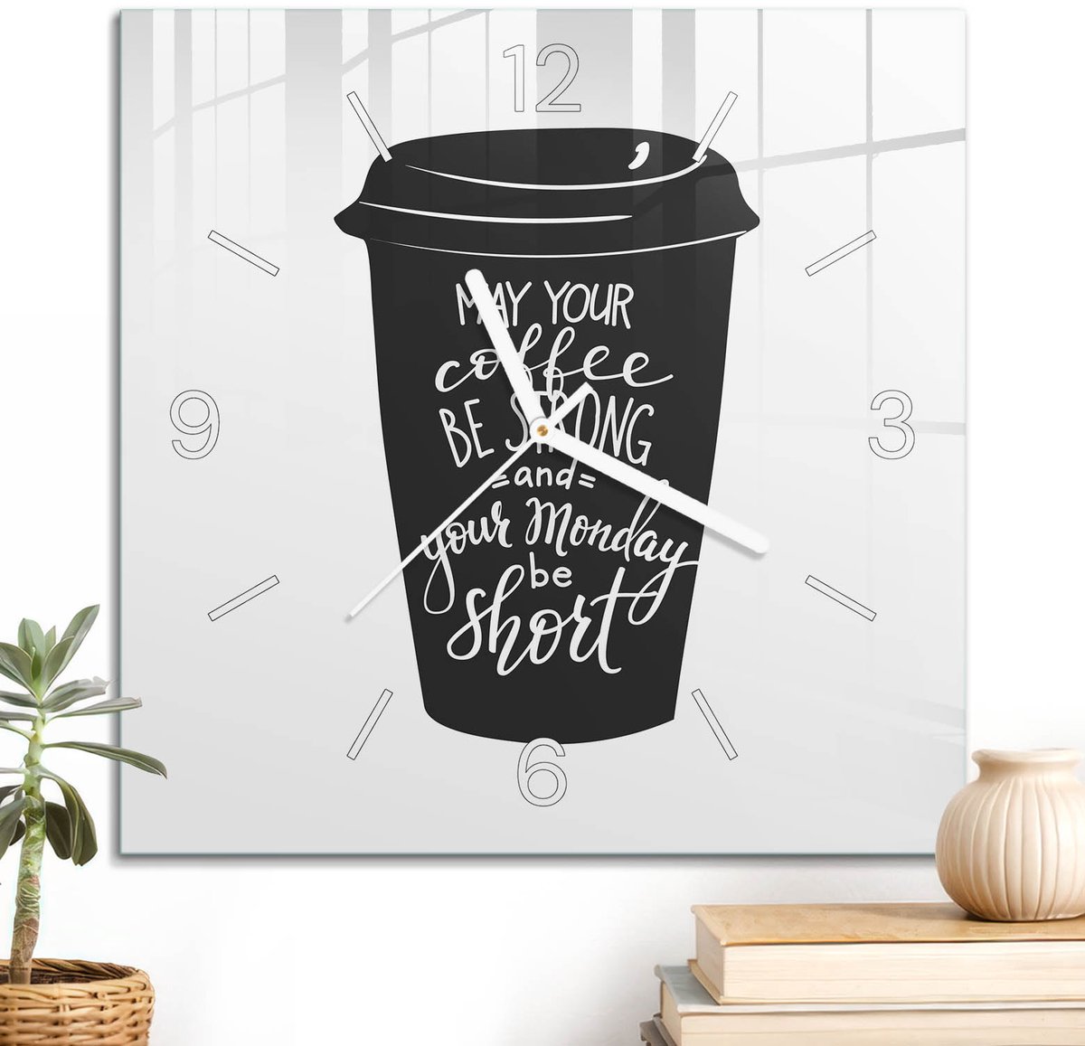 ArtPrintCave Zwart Glazen Klok - 30x30 cm - Wandklok Vierkant - Motiverende Mok Stille Wandklok - Teksten Wandklok Keuken - Witte Klokwijzers