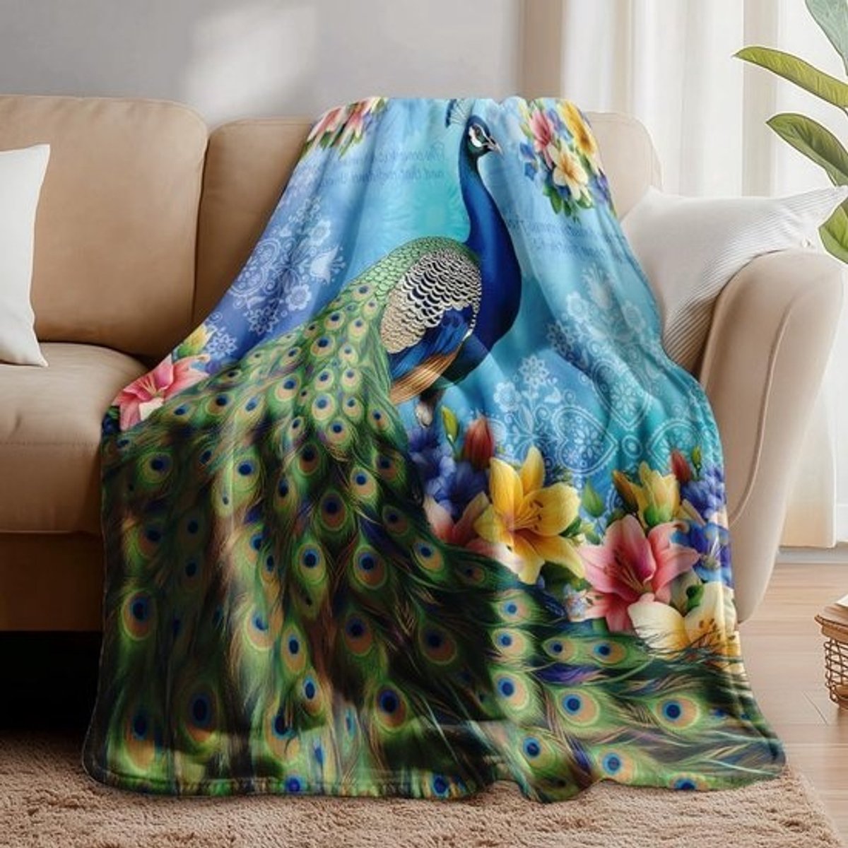 Elegante Vintage Pauw Dekentje met Fluffy Zachte Flanel Fleece voor Woonkamer, Slaapkamer en Camping - 130x137cm, Perfect voor Comfort en Decoratie
