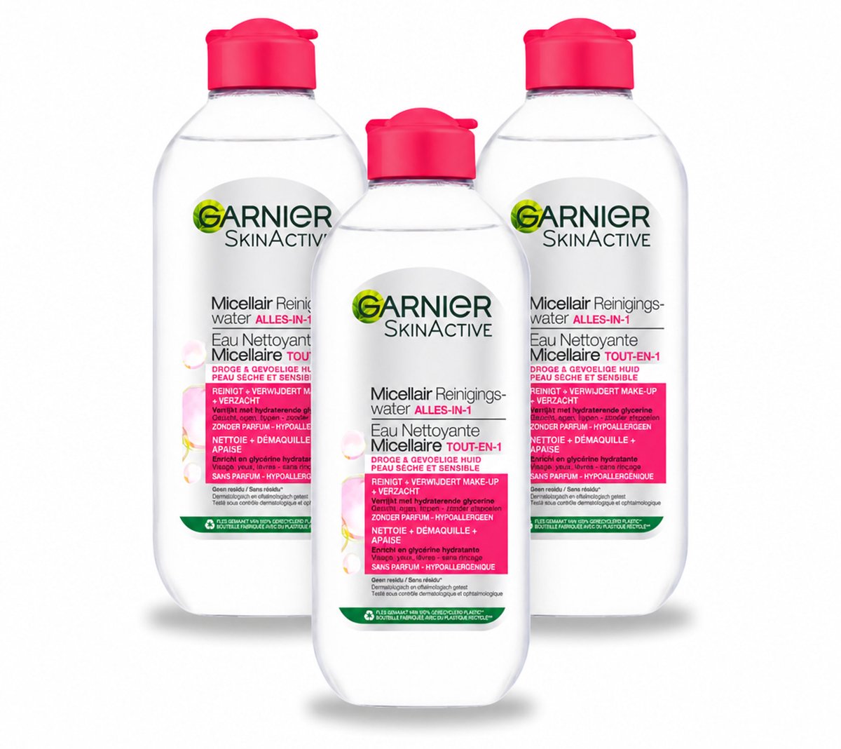3 x Garnier - SkinActive - Micellair Reinigingswater - Droge & Gevoelige Huid - Hydraterend & Reinigend - 400 ml - Bulkverpakking - 3 stuks