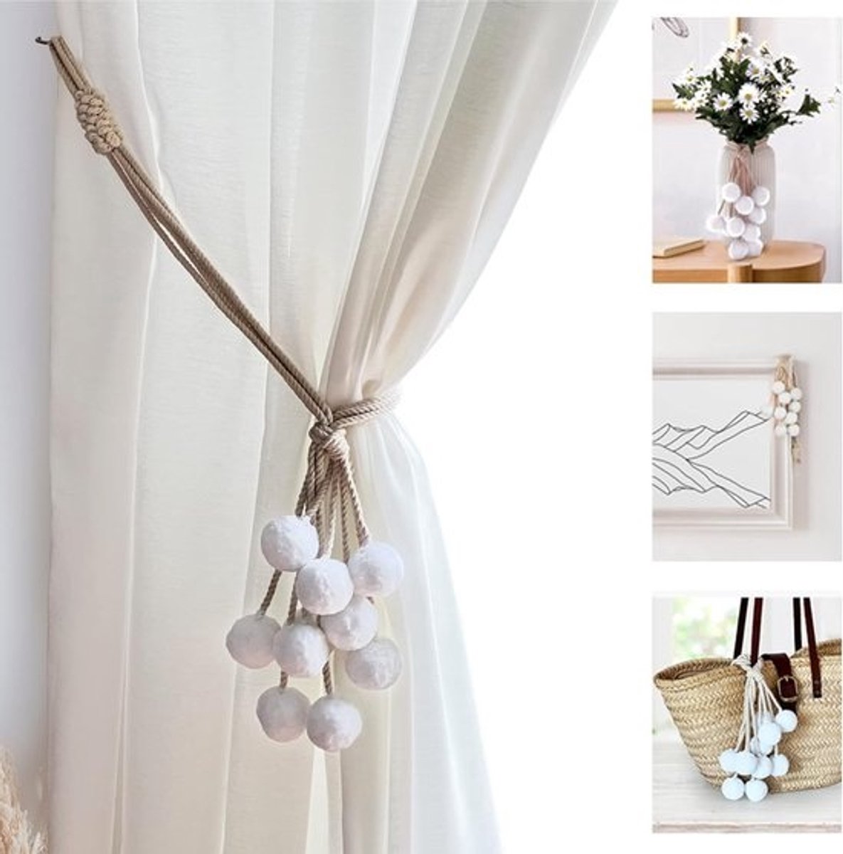 Set van 2 Decoratieve Gordijnopeners met Katoen en Witte Pompons