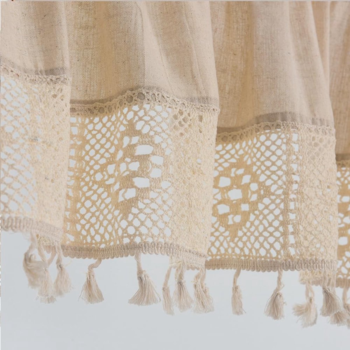 Vitrage, boho, bistrogordijn, vintage, kort gordijn, gehaakt, breigordijn, verduisteringsgordijnen, kant, haakgordijn voor keuken, woonkamer, slaapkamer, beige, 132 x 46 cm