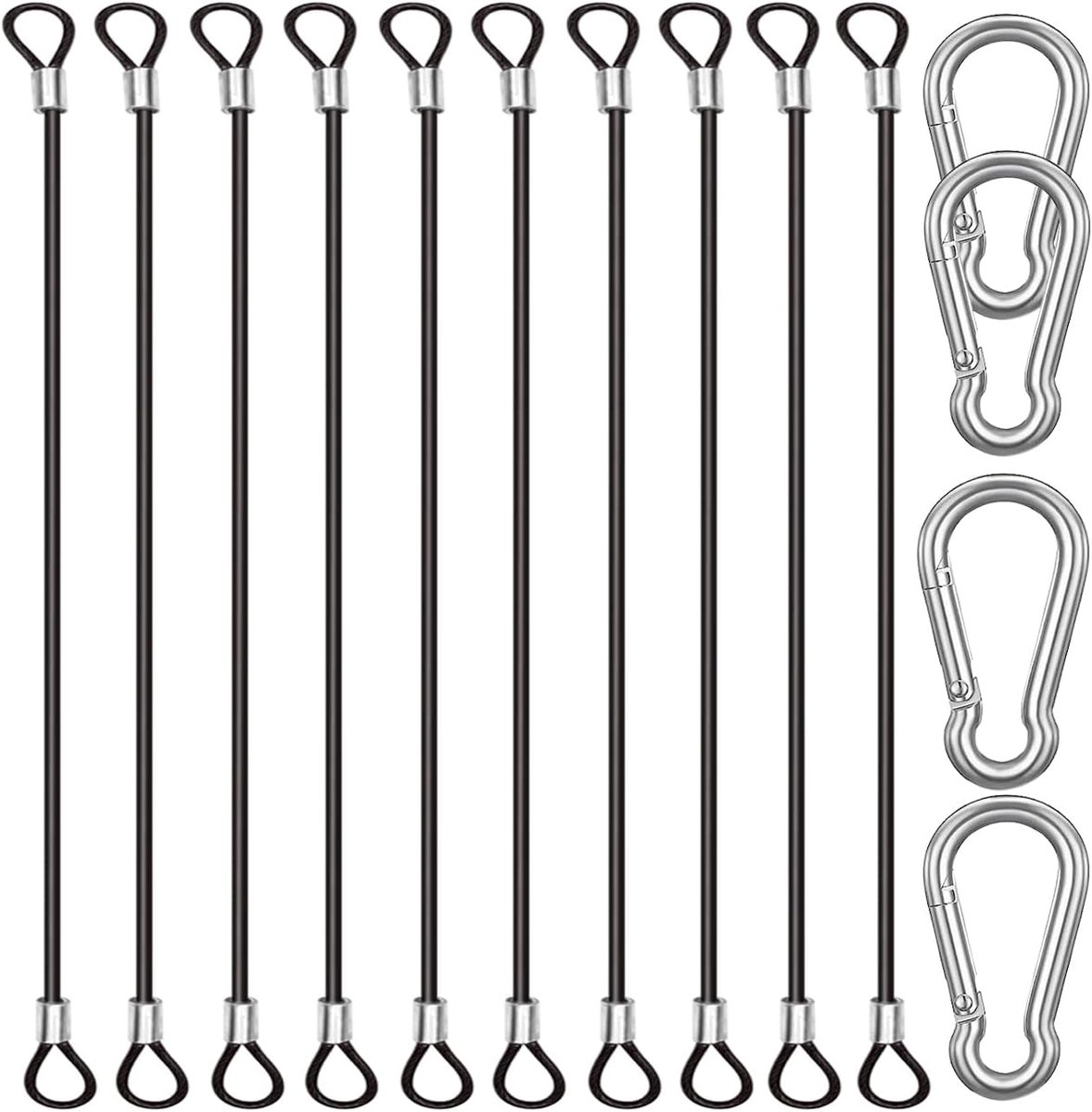 10 stuks roestvrijstalen clips 40 cm met 4 veerkarabijnhaken, staaldraadkabel met gespen, vinylcoating, korte clips, zwart