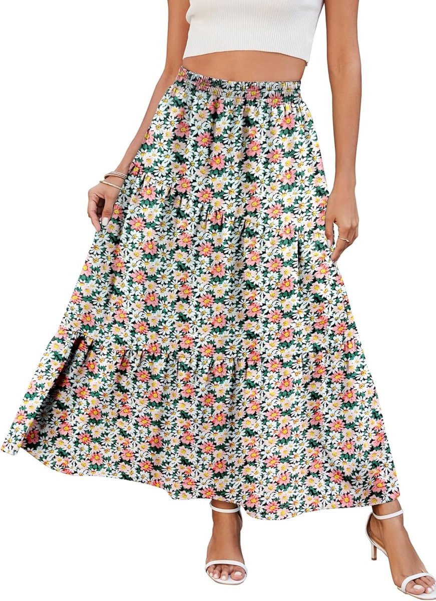 Lange damesrok met zakken, maxi-rok, hoge elastische taille, zomer, A-lijn, effen, flowy zomerrok, casual, elegant, bloemen, plisseerrok, strandrok, plooirok