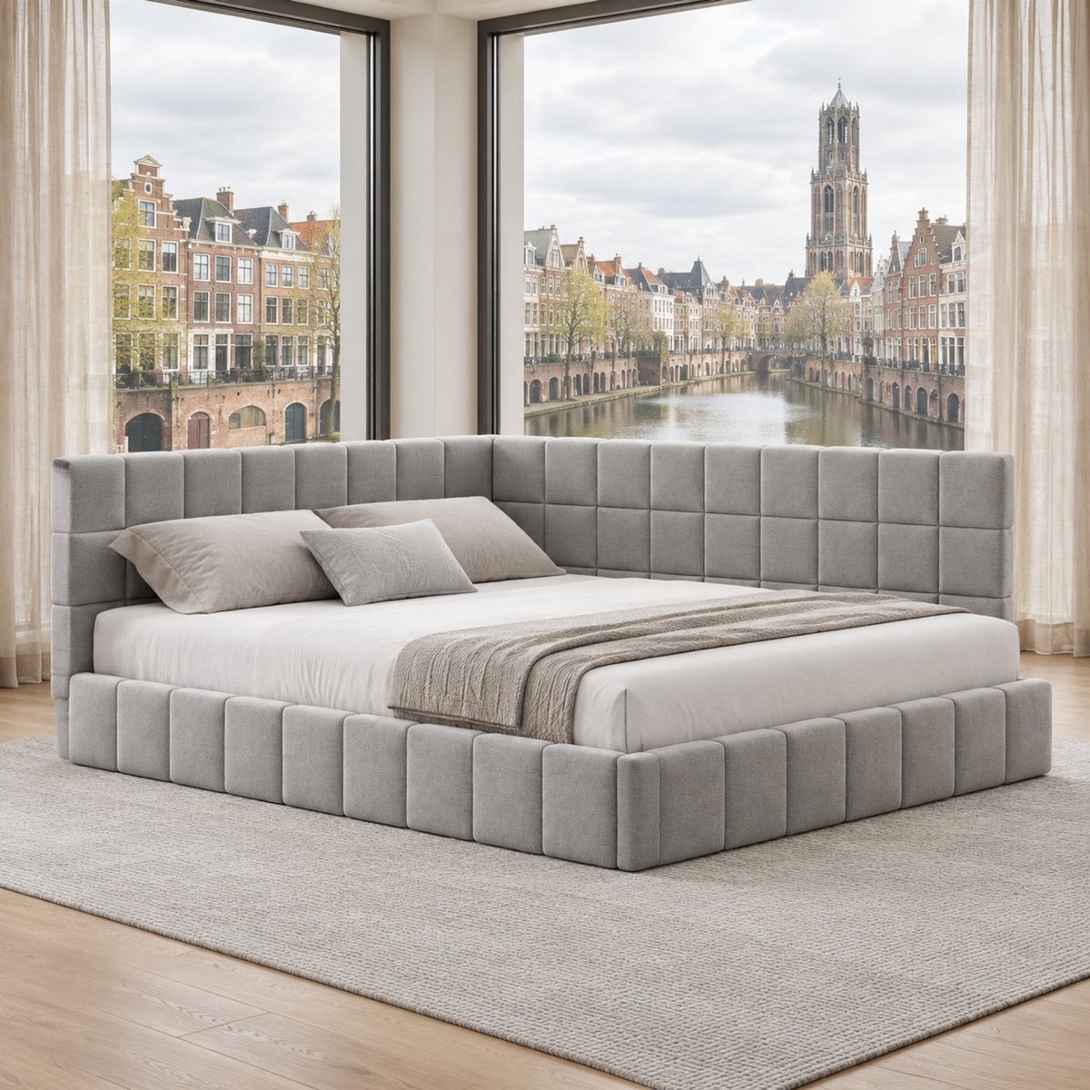 WUVRIE Slaapbank 160x200 cm met lattenbodem en rugleuning, grijze stoffen bekleding, zonder matras Grijs