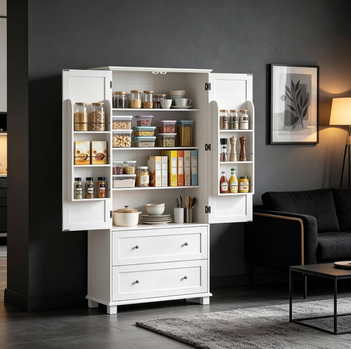 REDOM Hoge keukenkast - 2 deuren en 2 lades - Verstelbare planken - 6 opbergvakken - Landelijke stijl - Keuken - MDF - Wit - 80 x 39,5 x 184,5 cm