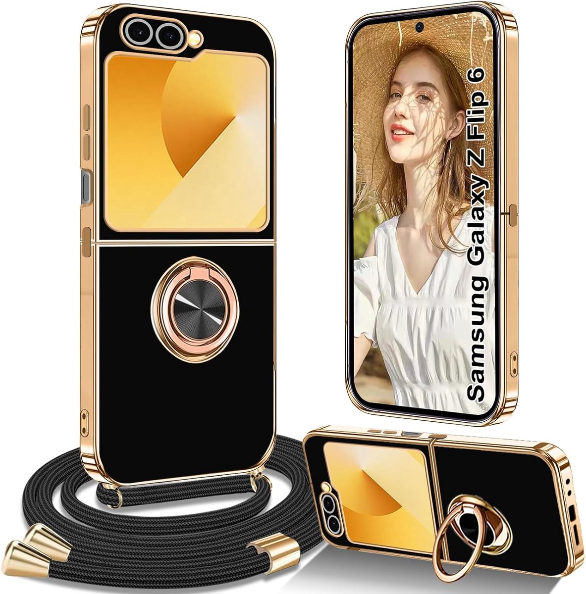 Telefoonhoesje met koord, compatibel met Samsung Galaxy Z Flip 6, telefoonhoes voor Samsung Z Flip 6 met koord, ketting, standaard, stootvaste beschermhoes, zwart
