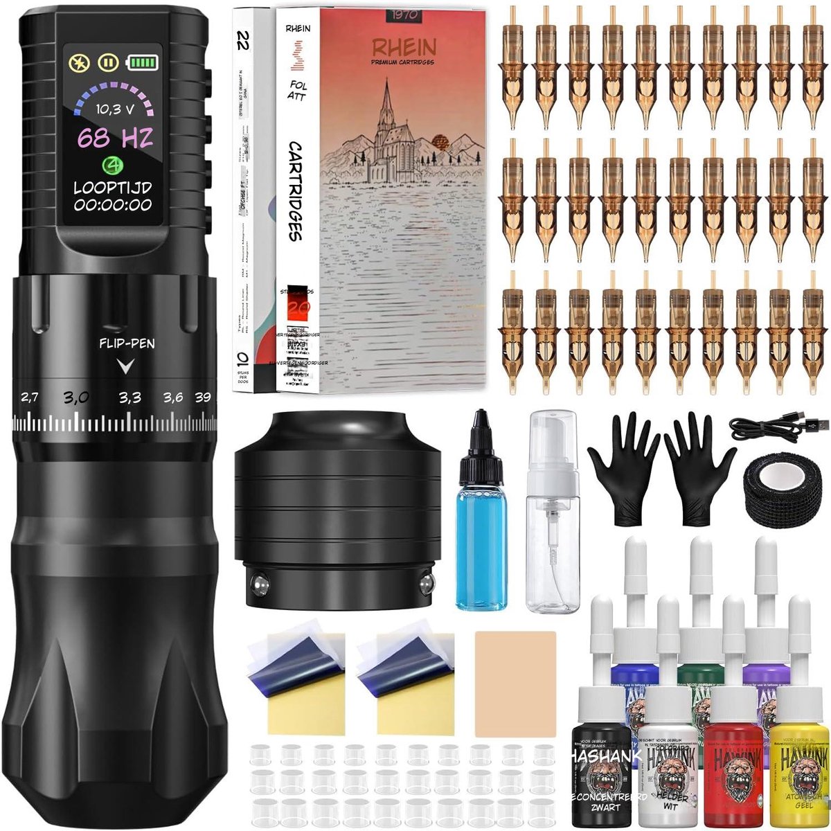 Kavo Tattoo Machine - 20 Stuks - Tattoo Machine met Accessoires - Tattoo kit Draadloos - Zwart - 23cm x 16cm x 16cm