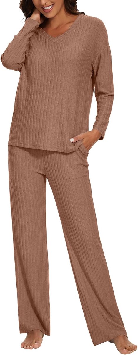 lang, tweedelige nachtkleding, set, warme pyjama met V-hals, top en broek met zakken, mode, loungewear, vrouw, sleepwear, thuisset, herfst- en winterpyjama, XS-XL