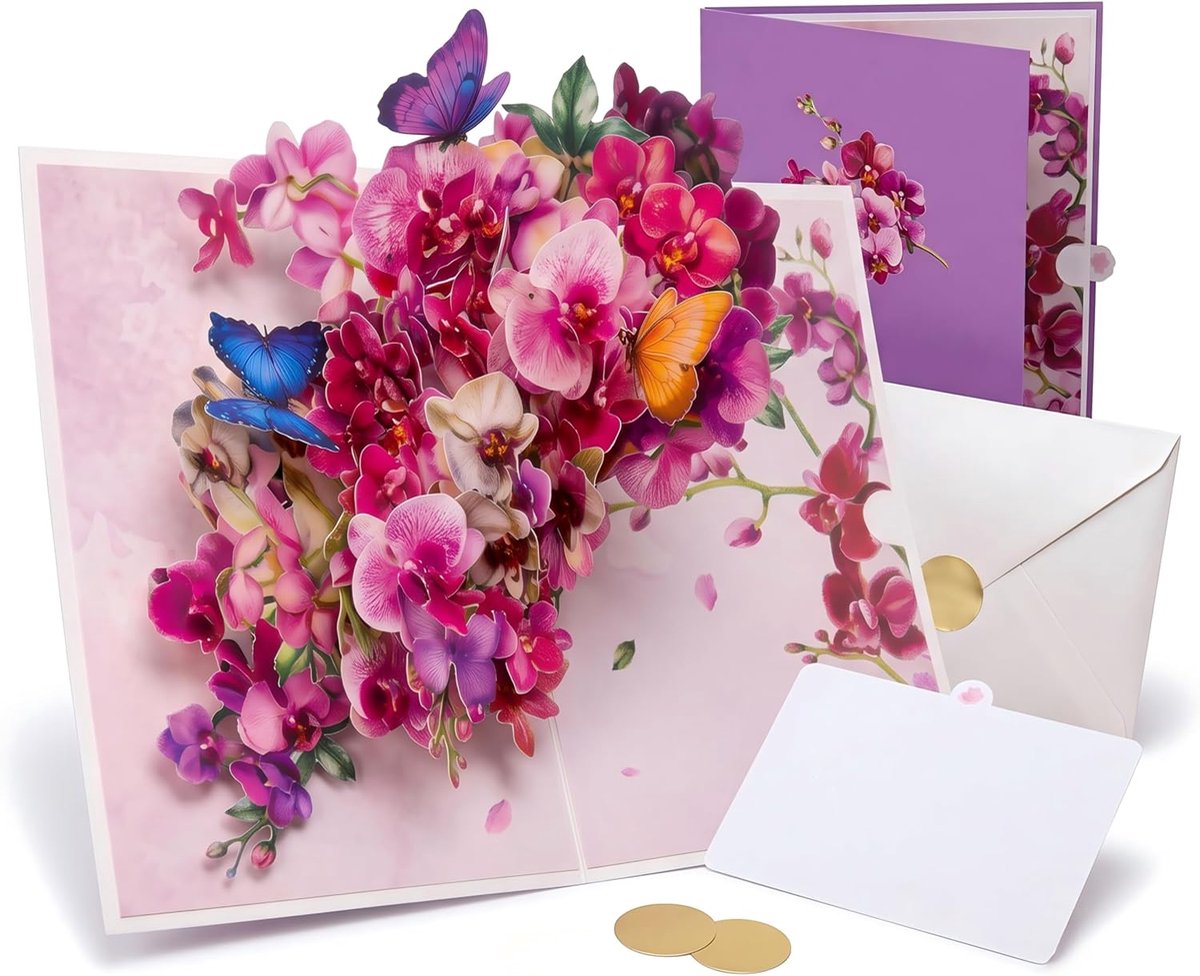 bloemen, 3D-wenskaart met orchideeën en vlinders, elegante bloemenkaart voor verjaardag, Moederdag, bedankje, cadeaus voor vrouwen, vriendin en mama, met envelop