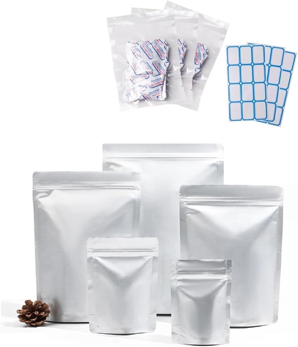Mylar-zakjes voor voedselopslag met zuurstofopname en blanco label, hersluitbare standzak met ritssluiting en warm verzegeld (50 pc, 20 x 30 cm = 7,8 x 11,8 inch)