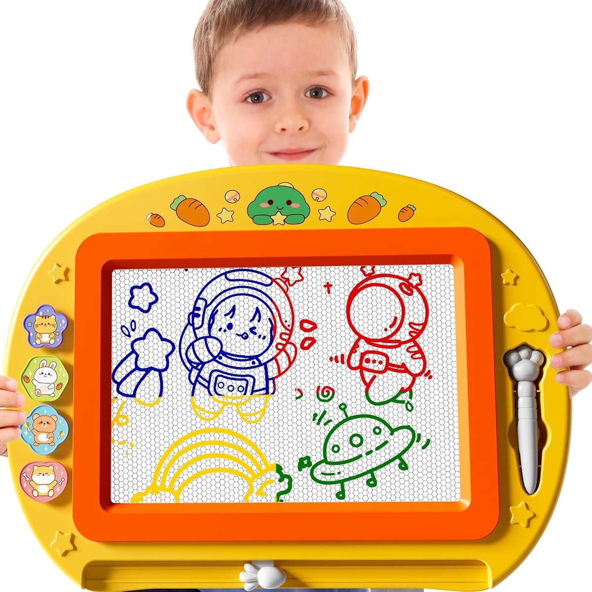Magnetisch toverbord voor kinderen, tekenbord met stempel en pen, educatief speelgoed en reisformaat, cadeau voor jongens en meisjes 2 3 jaar (geel)