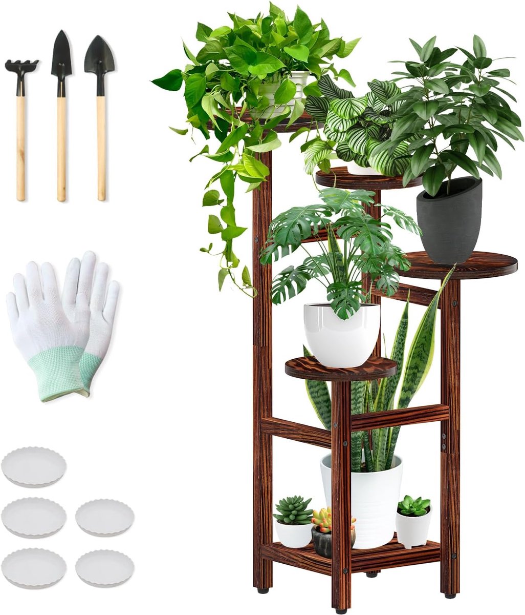 Plantenstandaard met 5 niveaus, houten plantenrek voor binnen en buiten, bloemenstandaard met plantenlekbak en tuinbeplantingsgereedschap voor terras, balkon, kantoor, woonkamer (bruin)
