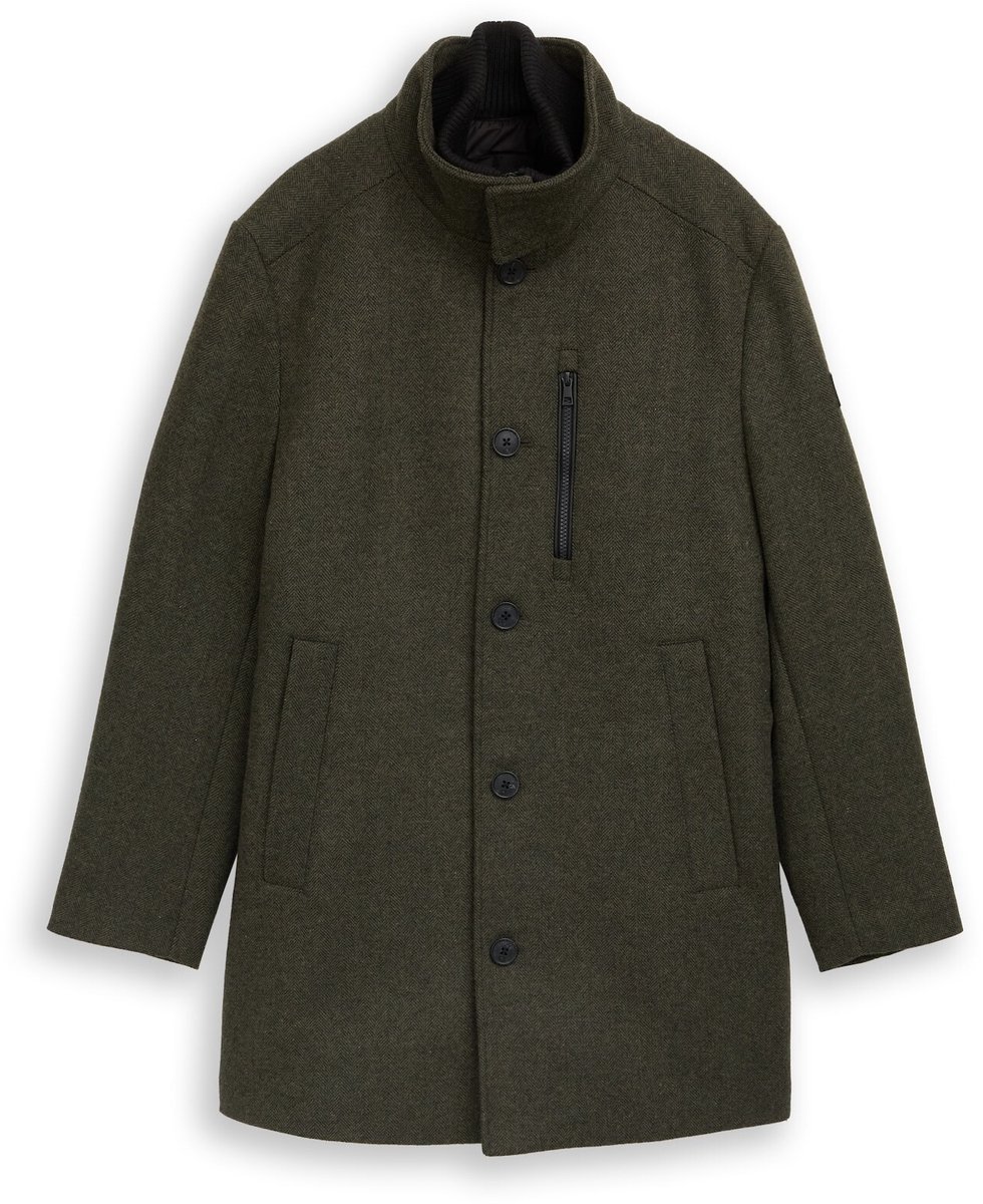 Tom Tailor - 2-in-1 wollen jas met uitneembaar inzetstuk - Maat L - dark black green herringbone