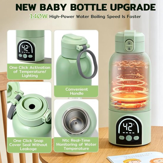 Draagbare flessenwarmer voor baby's onderweg, 500 ml capaciteit, pasteurisatie, 140 W snel opwarmen moedermelk/formulemelk/water, 18000 mAh lange batterijduur, lekvrij — afbeelding 4