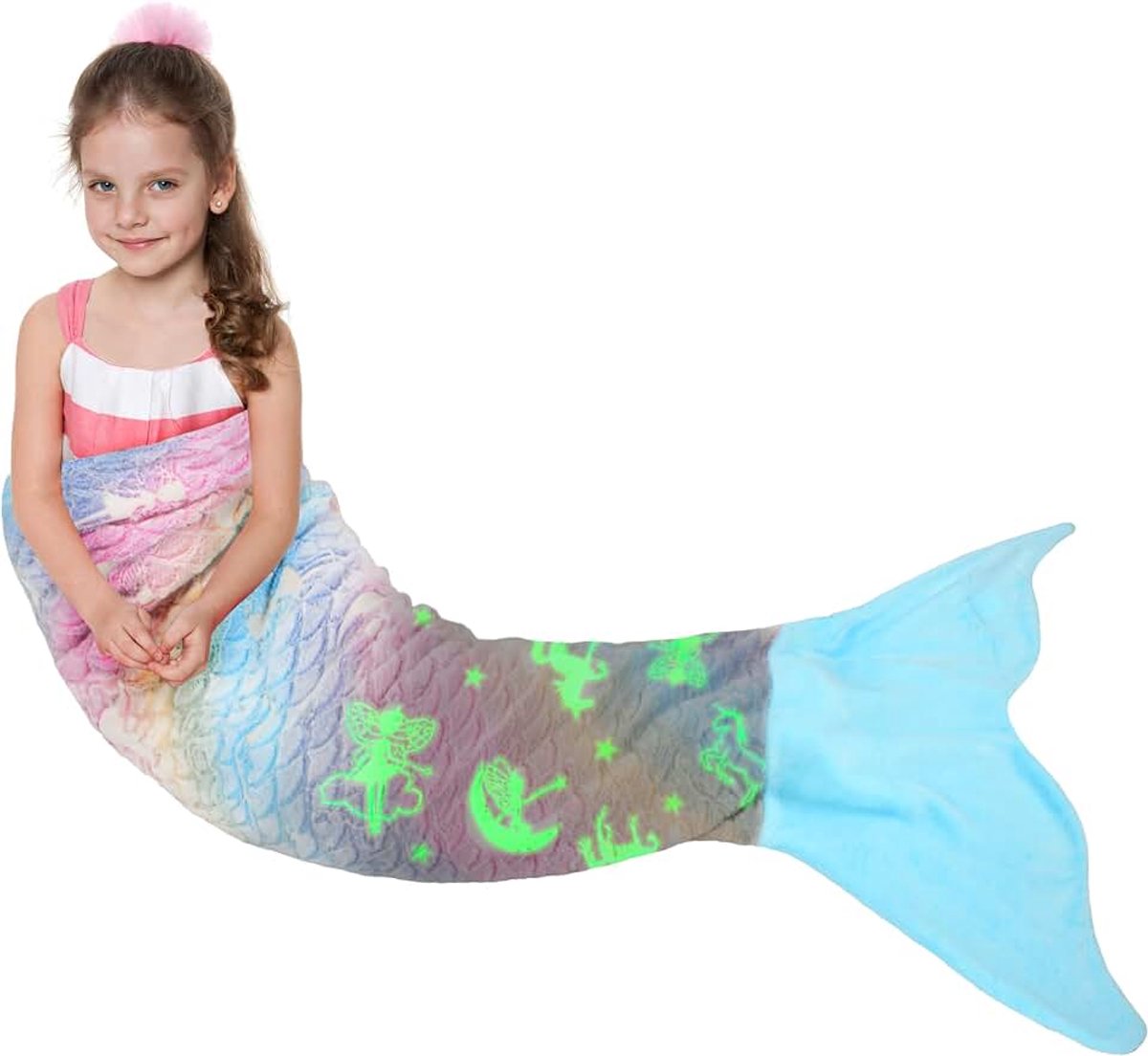 Classy Oplichtende zeemeerminvin, zeemeerminvin, meisjes, kinderen, volwassenen, warme fleece, zeemeerminstaart, deken, knuffeldeken, zeemeermin cadeau, 155 x 50 cm, blauwe eenhoorn