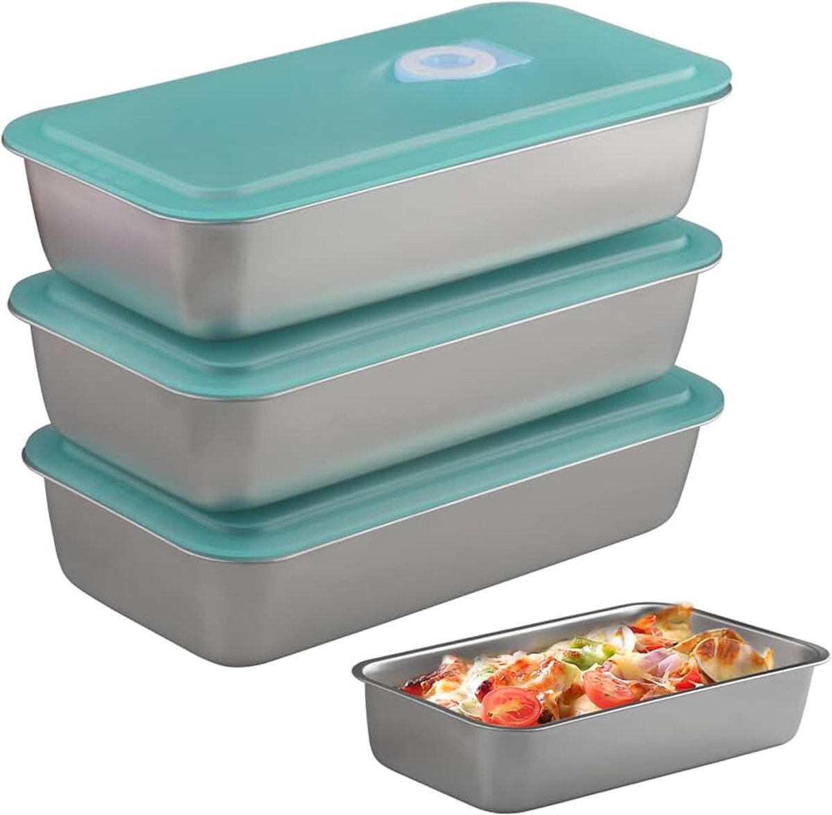 Set van 4 vershouddozen met deksel, 20 x 10,5 x 4 cm, klein, vierkant, maaltijdprep dozen, herbruikbaar, 304 roestvrij staal, bento boxen voor koelkast, restaurant, keuken