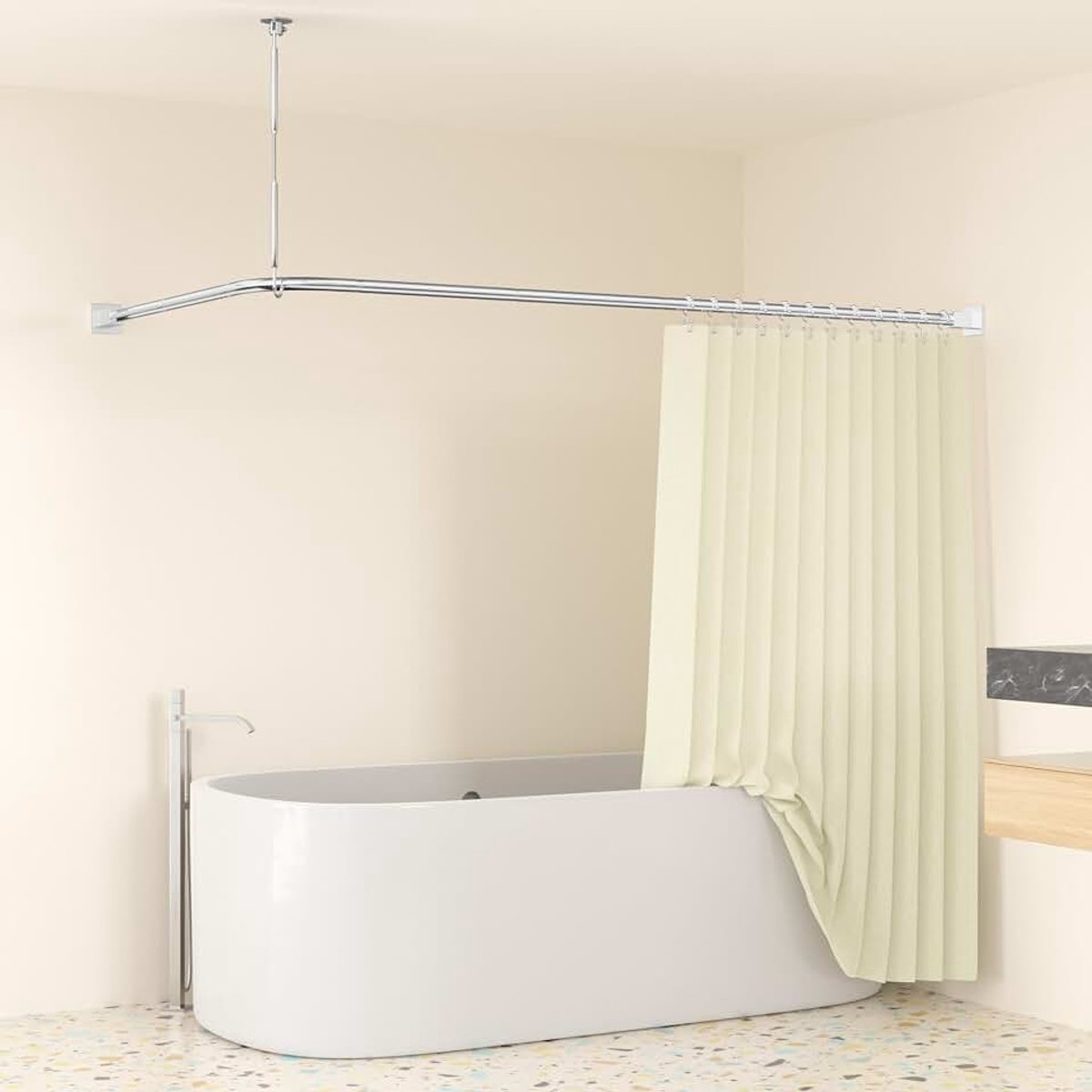 Douchegordijnstang L-vorm zonder boren hoekhouder 85 x 175 cm - douchestang voor douchegordijn bad rail - 304 roestvrij staal - incl. 12 ringen
