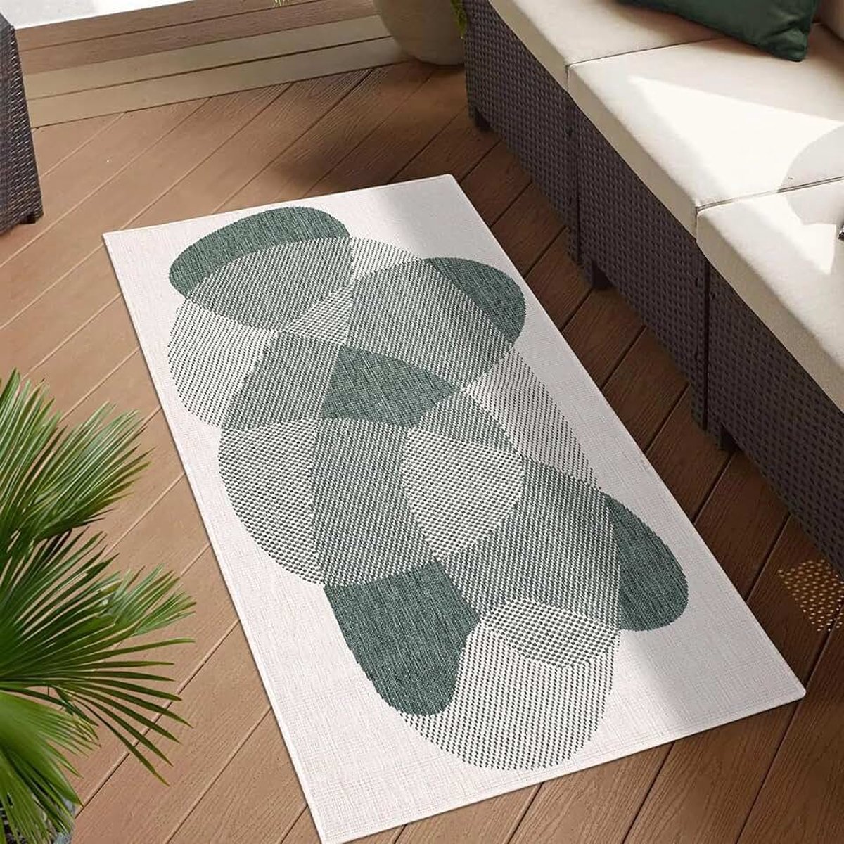 Carpet city Indoor & outdoor tapijt groen, crème - omkeerbaar tapijt - 80x150 cm - abstract geo-patroon - weerbestendig voor balkon, terras - loper modern indoor hal keuken