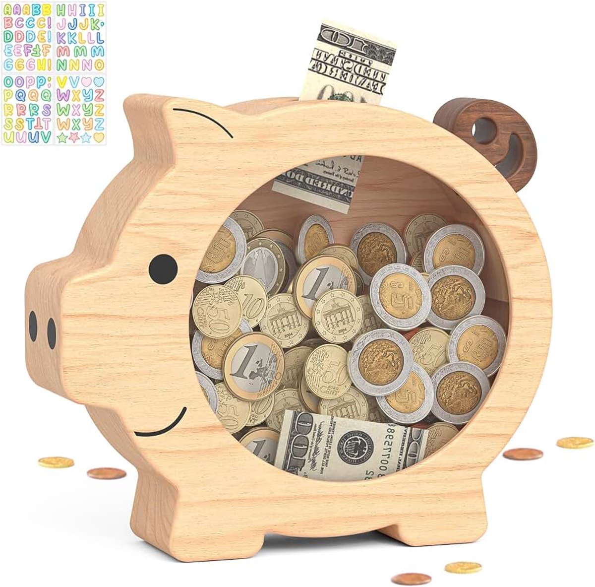 Houten spaarvarken voor kinderen, gepersonaliseerde spaarpot met doorzichtig venster, gemakkelijk toegankelijke muntbank voor meisjes en jongens, ideale educatieve geschenken voor verjaardag