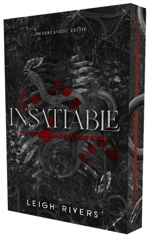 Nederlandse editie van "Insatiable" van Leigh Rivers, met een slang, skeletten en rode bloedvlekken op de kaft.