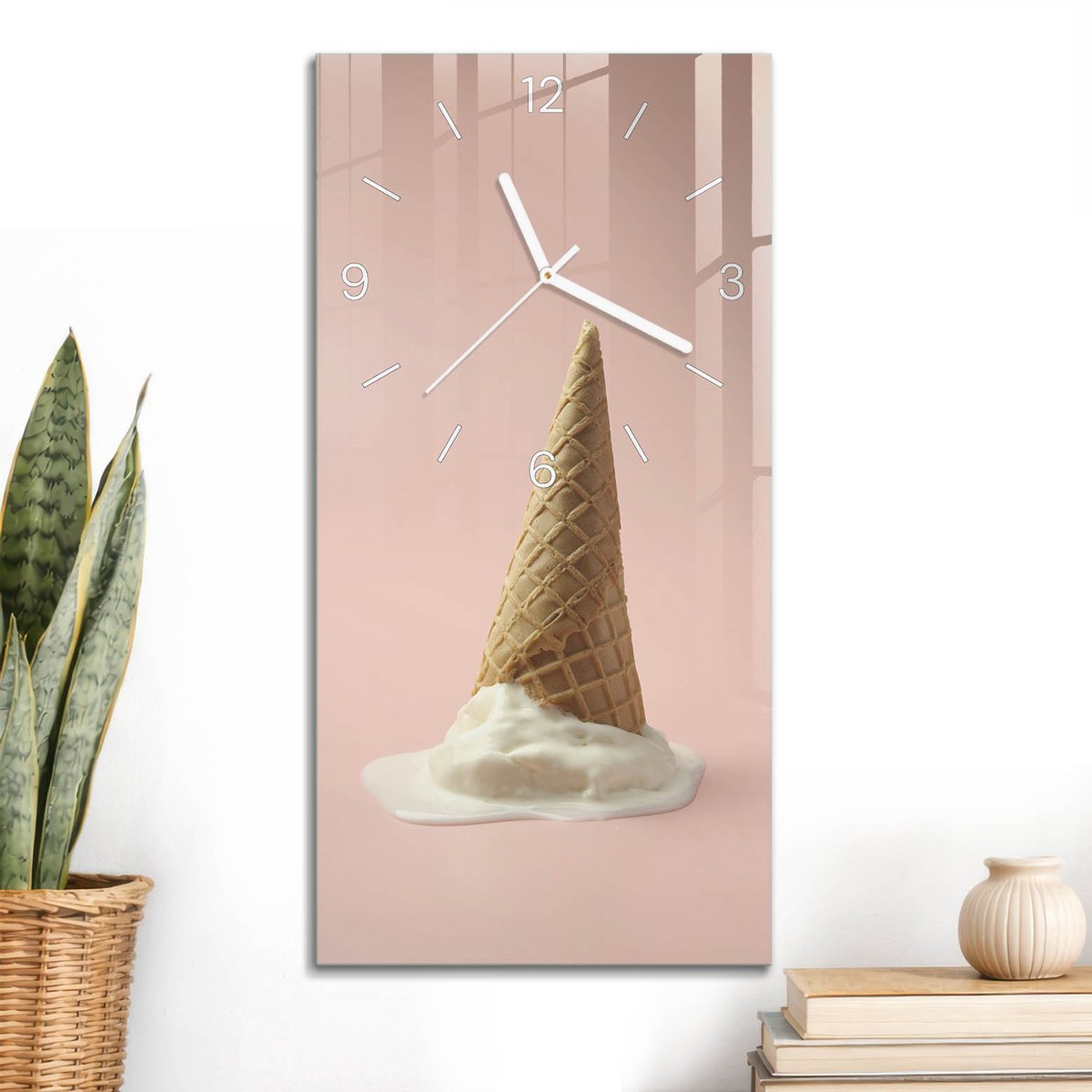 ArtPrintCave Roze Glazen Klok - 30x60 cm - Rechthoekige Wandklok - Ijshoorntje Unieke Klok - Achtergronden En Patronen Stille Wandklok - Witte Klokwijzers
