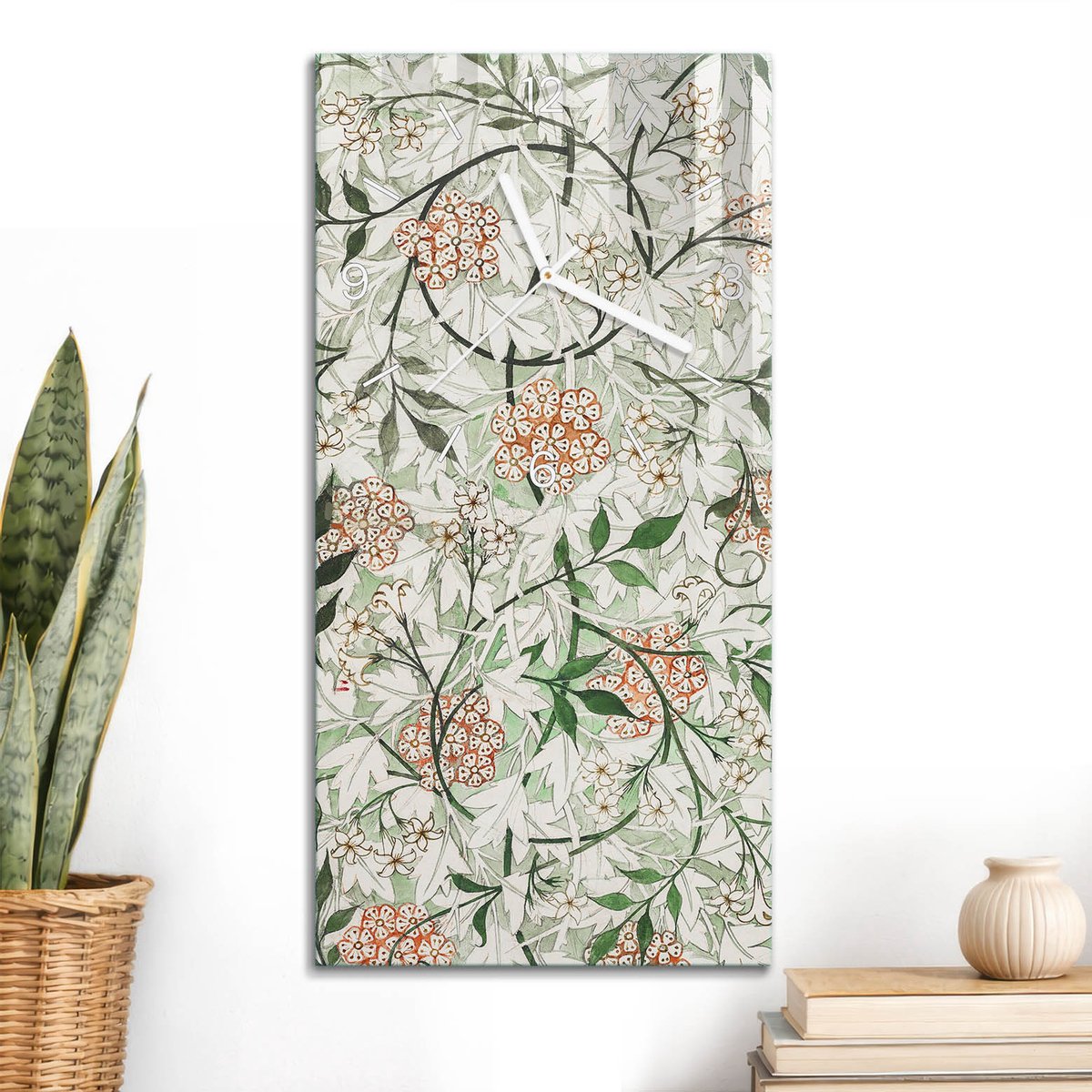 ArtPrintCave Groene Glazen Klok - 30x60 cm - Rechthoekige Wandklok - Bloemenpatroon Unieke Klok - Natuur Stille Wandklok - Witte Klokwijzers