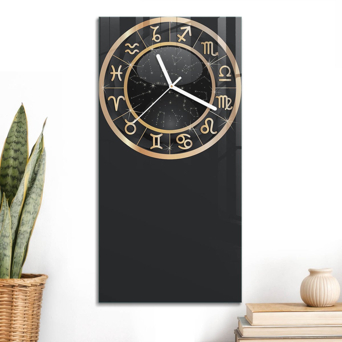 ArtPrintCave Zwart Glazen Klok - 30x60 cm - Rechthoekige Wandklok - Kosmische Dierenriem Wandklok Keuken - Abstractie Unieke Klok - Witte Klokwijzers