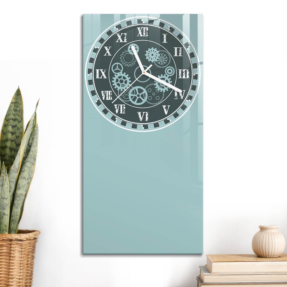 ArtPrintCave Turkoois Glazen Klok - 30x60 cm - Rechthoekige Wandklok - Tandwielen Stille Wandklok - Industrieel Wandklok Keuken - Witte Klokwijzers