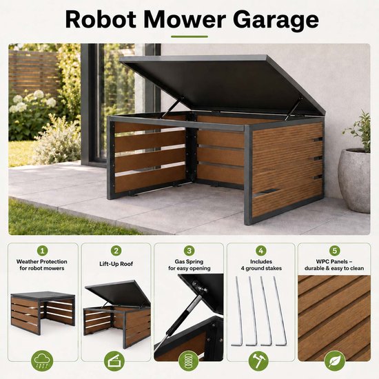Robotmaaier garage met deksel MCW-L45, overkapping voor grasmaaier, WPC metaal 35x60x70cm ~ eiken look van Monzana — afbeelding 5