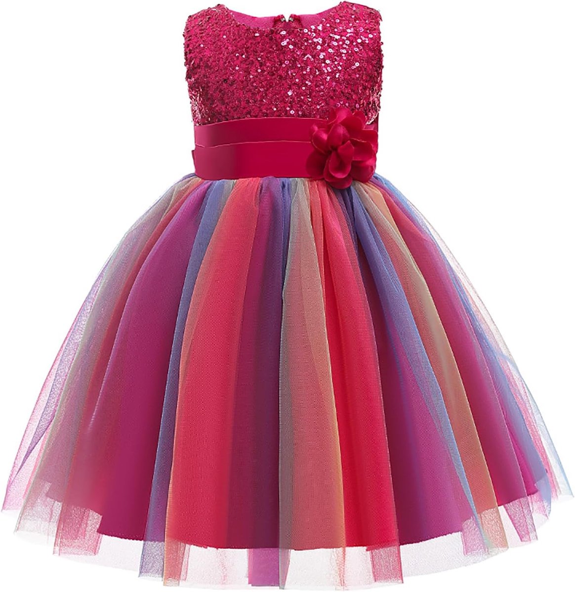 Prinsessenjurk voor meisjes, pailletten, tule, bloem, regenboog, ronde kraag, mouwloos, avondjurk, verjaardagsfeest, bruiloft, bruidsmeisje, kleine kinderen, baby, leeftijd van 2-13 jaar