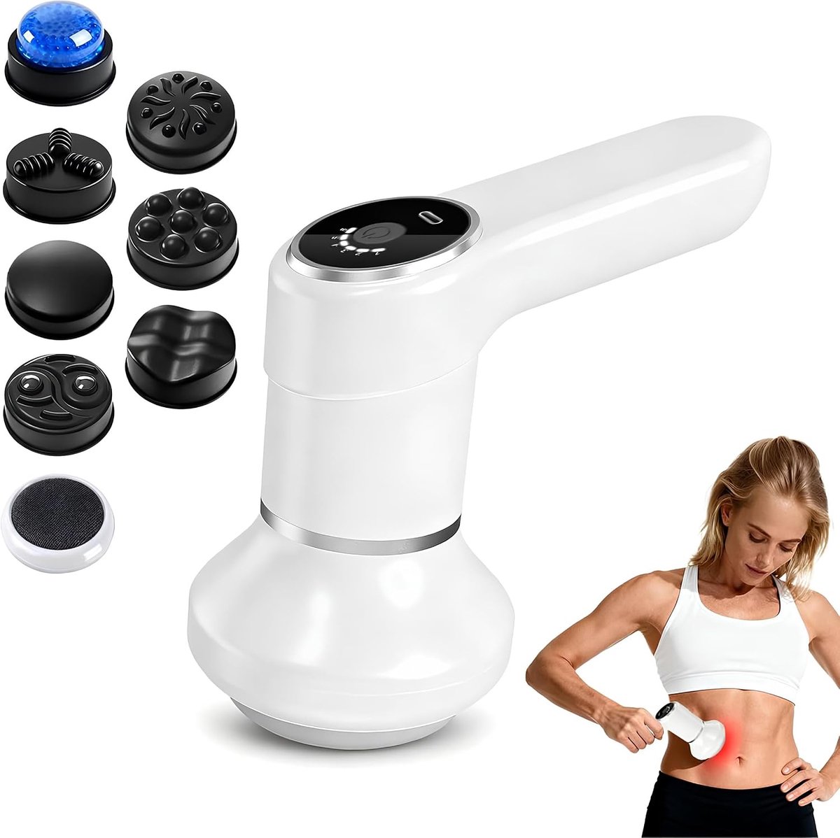 Elektrisch anti-cellulitemassageapparaat, draadloos, 7 opzetstukken, 6 snelheden, USB-C – fluisterstil, draagbaar, oplaadbaar (benen, buik, dijen, rug), 2 uur batterijduur – ideaal ontspannend wellnesscadeau voor vrouwen – wit