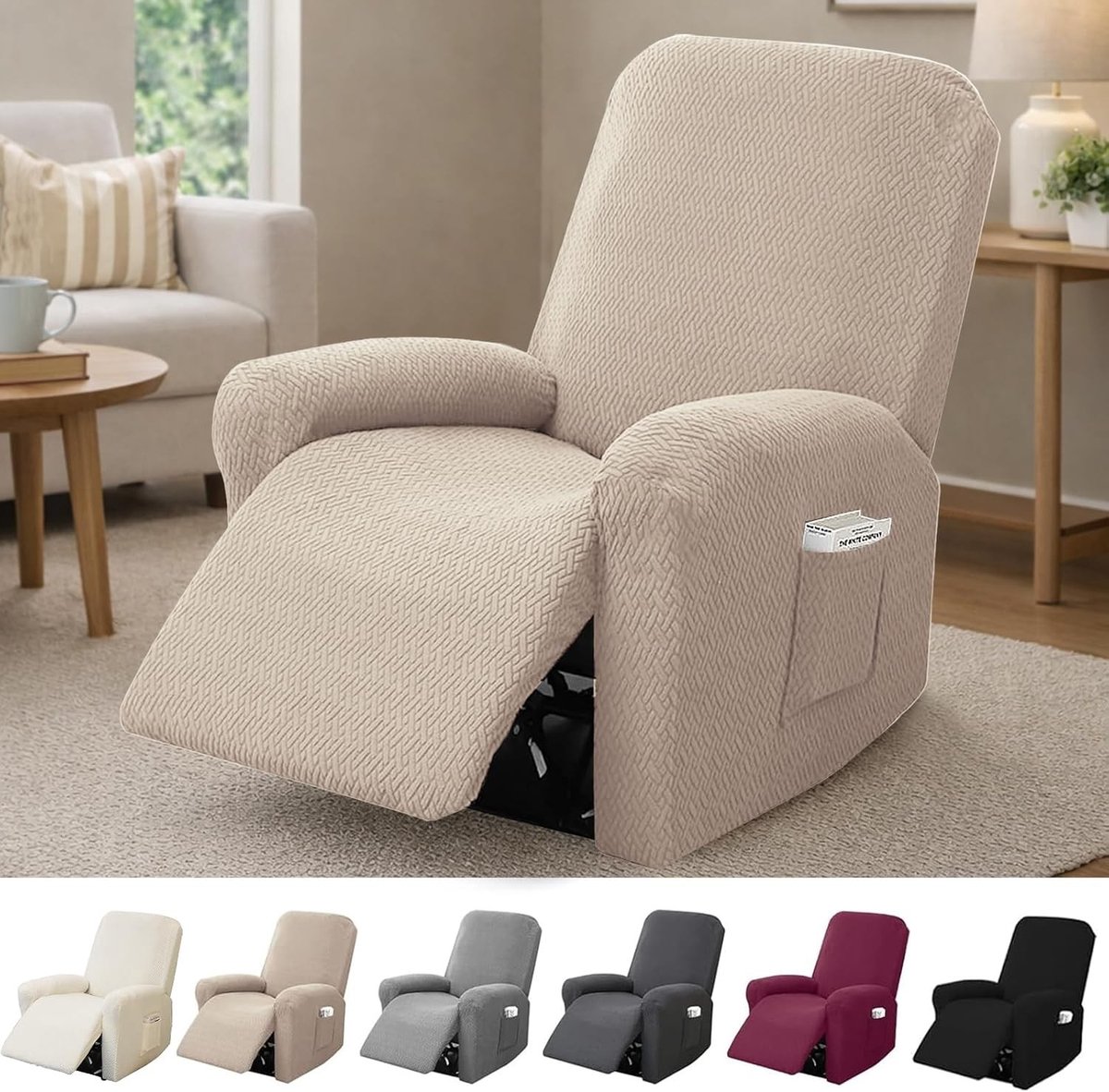 Fauteuil hoes - Taupe - 1-Zits - Elastische Jacquard Beschermhoes Met Zakken - Voor Relax Fauteuil
