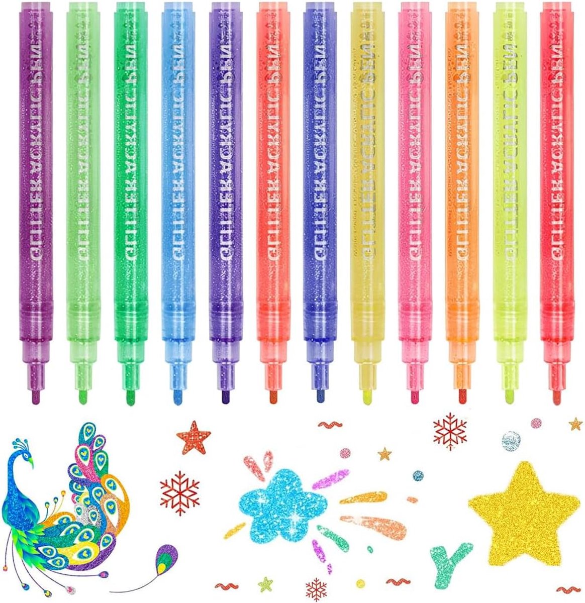 12 stuks viltstiften met glitter, acryl, waterbestendig, 3 mm punt voor steenschilderen, keramiek, hout, canvas, scrapbooking, kaarten, hoogwaardig, duurzaam, 12 stuks
