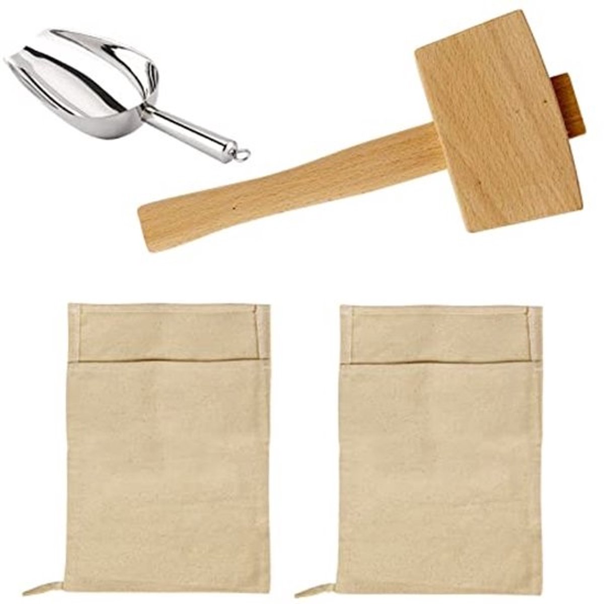 Set van 2 herbruikbare canvas ijszakken met houten hamer en ijsschep voor het verpletteren van ijs