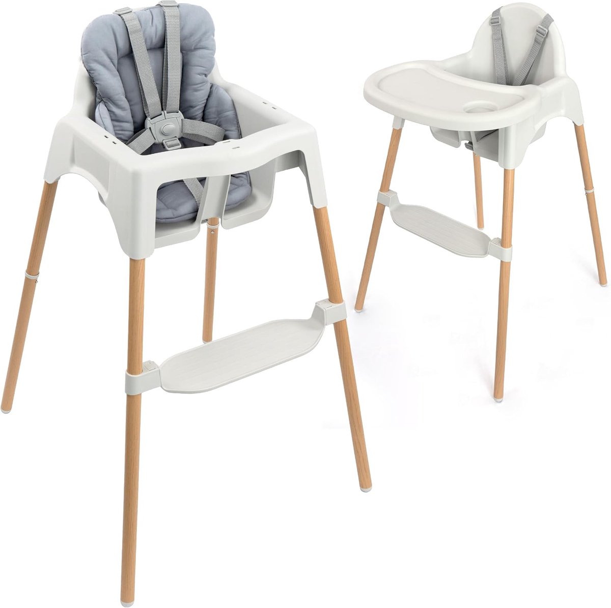 Kinderstoel maanden met verkleiner voor babystoel | lichte babystoel (3,5 kg) in houtlook, dienblad en 5-punts gordel | kantelbestendig, tot 15 kg - grijs