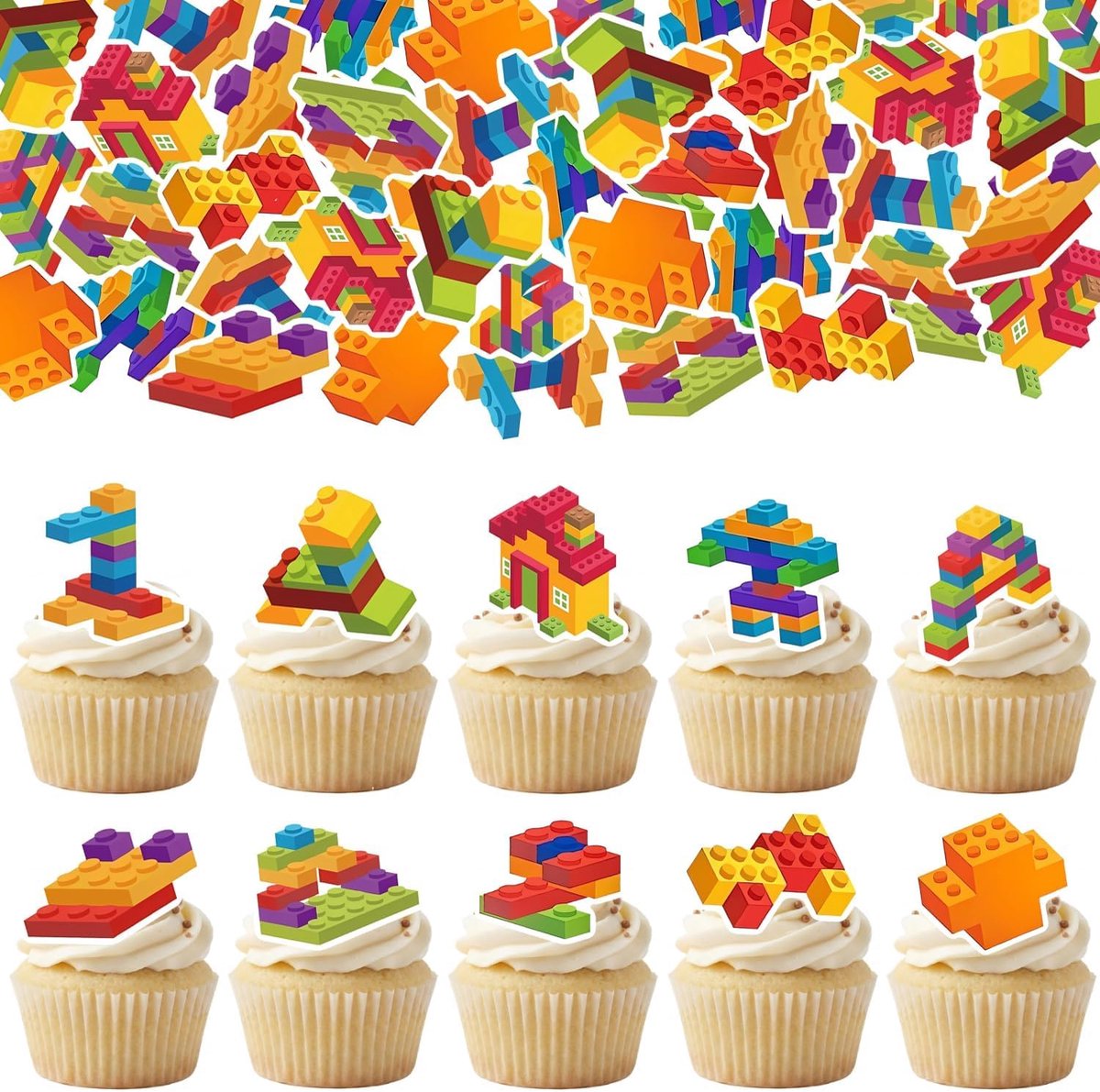 Eetbare bouwstenen cupcake toppers eetbare voorgesneden bouwstenen cupcake picks voor jongens meisjes verjaardagsfeestdecoraties bakstenen themafeest decoraties accessoires