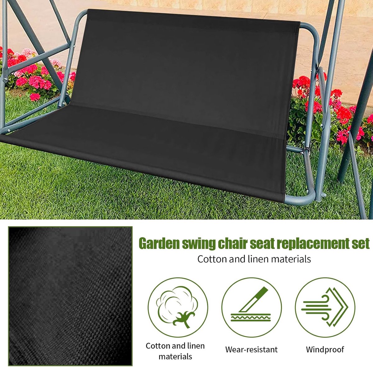 Beschermhoes voor tuinstoel, vervangende schommelbank, 900D Oxford-weefsel, voor buiten, 2- en 3-zits, zwart, 158 × 52 × 52 cm