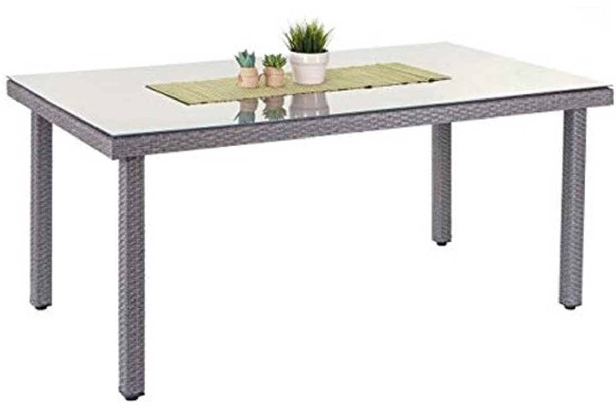 Tuinstafel van polyrotan met glazen blad | Eettafel 160x90 cm - Grijs