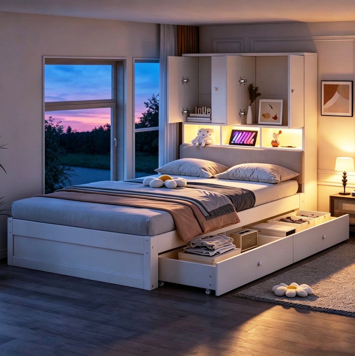 MODENUIT Eenpersoonsbed – Multifunctioneel – 90 x 200 cm – Hout – Wit – Opbergruimte, LED-verlichting en Stopcontact