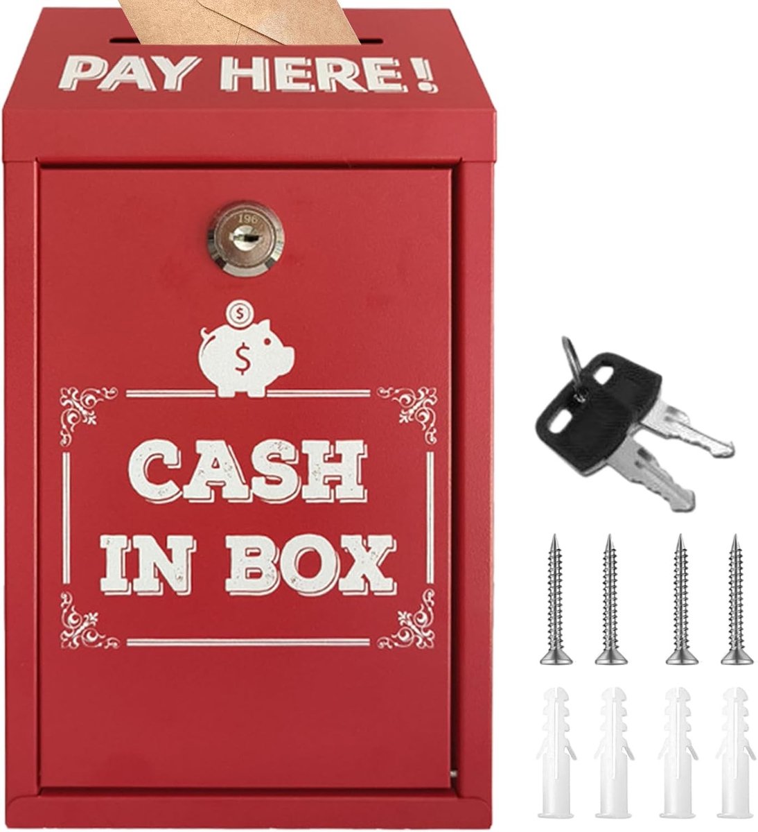 Geldkistje met slot - Rood - 14,5 x 7,5 x 26 cm - Metalen geldcassette voor thuis en kantoor