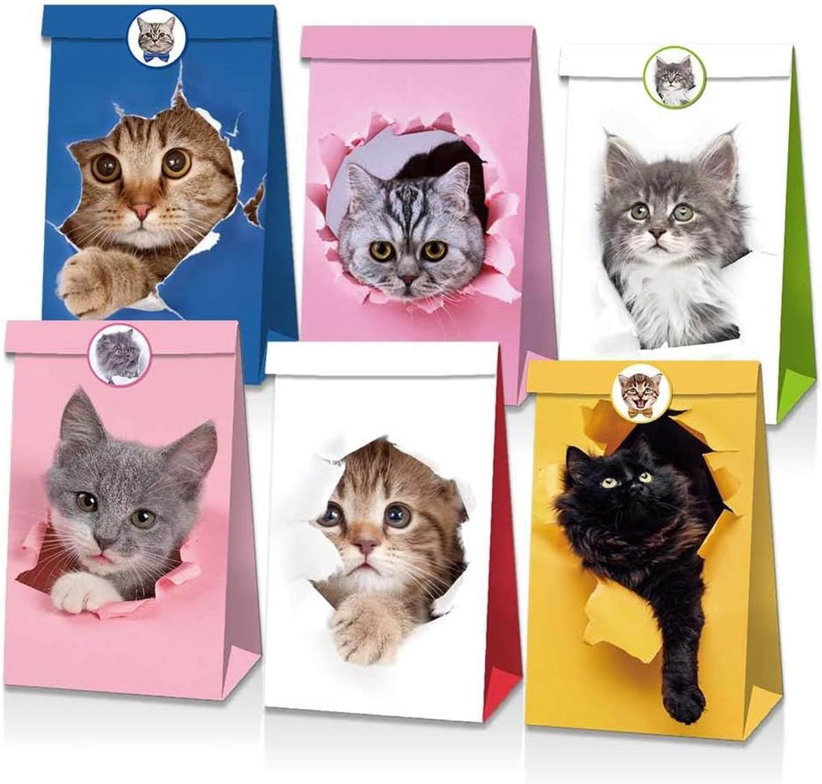 24 stuks schattige papieren kattenzakken, 6 patronen cadeauzakjes van kraftpapier, snoepzakjes voor 1e kinderverjaardag, jongen, verjaardagszakjes, feestdecoratieset