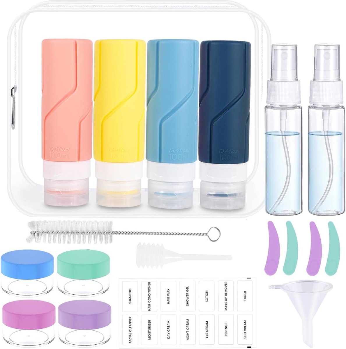 Pakket van 18 reisflessen om te vullen,siliconen reisflessenset 100 ml voor shampoo, lotion, douchegel, vloeistoffen, reisflessen, lekvrije hervulbare containers, TSA getest en BPA-vrij