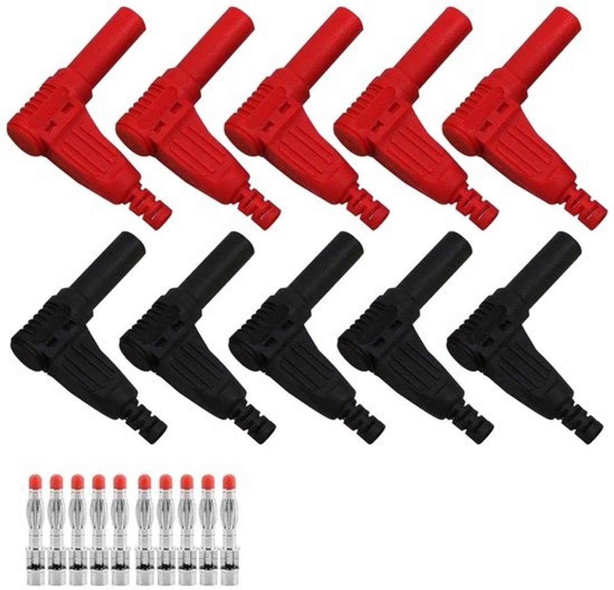 10 stuks 90 graden banaanstekkers, rechte hoek, 4 mm connectoren voor multimeter, testleidingen en meetapparatuur (rood + zwart)