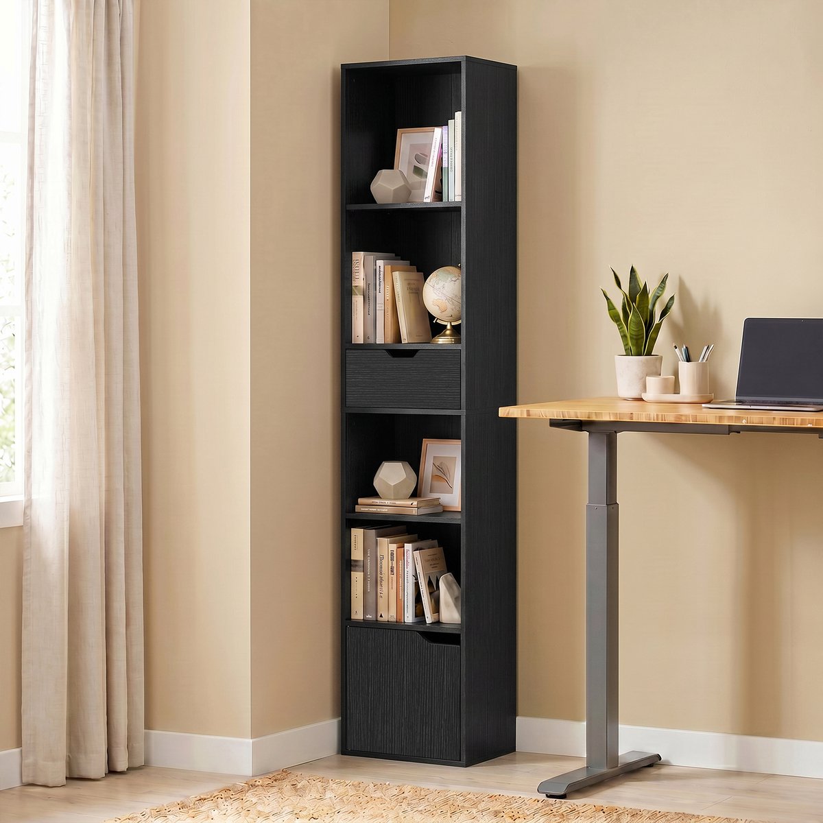 TEKROA® Boekenkast - Boekenkasten - met 6 planken - lade en verstelbare plank - vrijstaande opbergkast - 30 x 24 x 158 cm - zwart