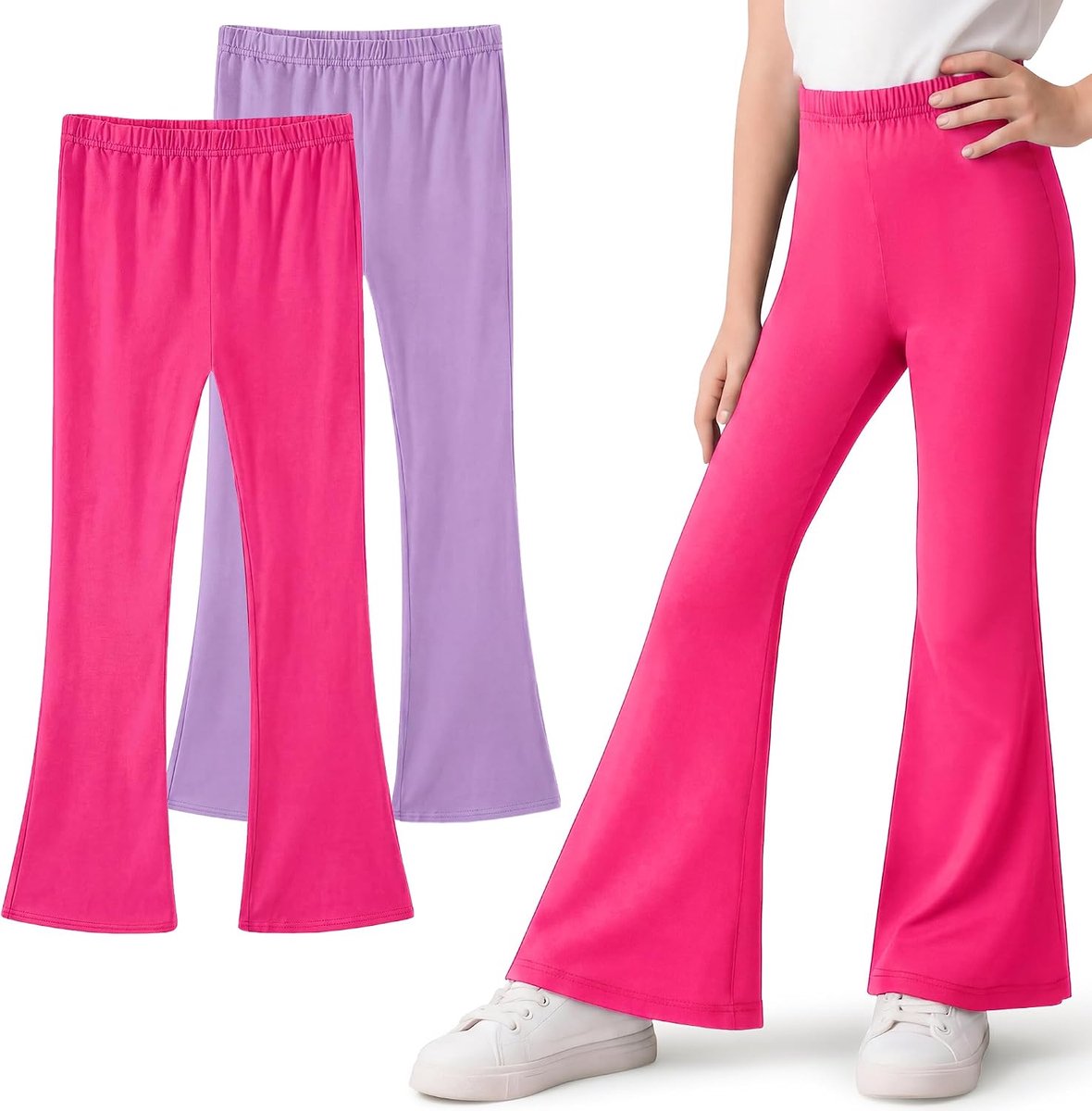 Meisjeslegging katoenen broek met wijde pijpen, 2-pack kinder stretch ademende flared sportlegging basic bootcut broek effen kleur dans yoga broek actieve kleding voor 5-16 jaar