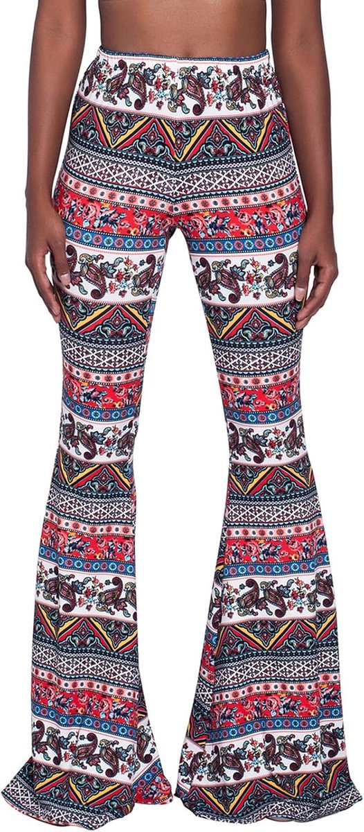 Vintage bedrukte lange uitlopende broek voor dames, hoge taille, rekbare wijde pijpen, yogabroek